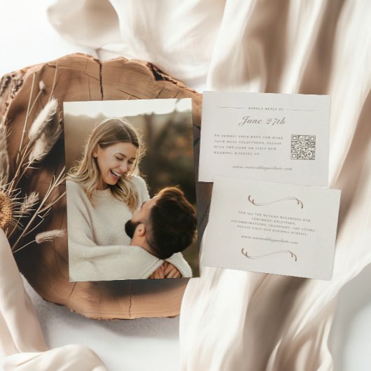 Elegant Ivoor & Ash Herfst Botanische Fotobruiloft Kaart