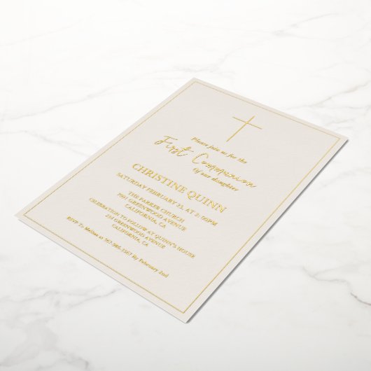 Elegant Ivoor en Goud Eerste Heilige Communie Folie Uitnodiging (Gedraaid)