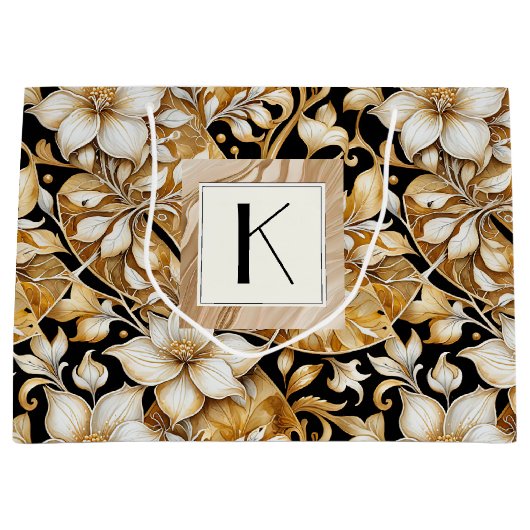 Elegant ivoor en zwart; bloemenpapier groot cadeauzakje (Voorkant)