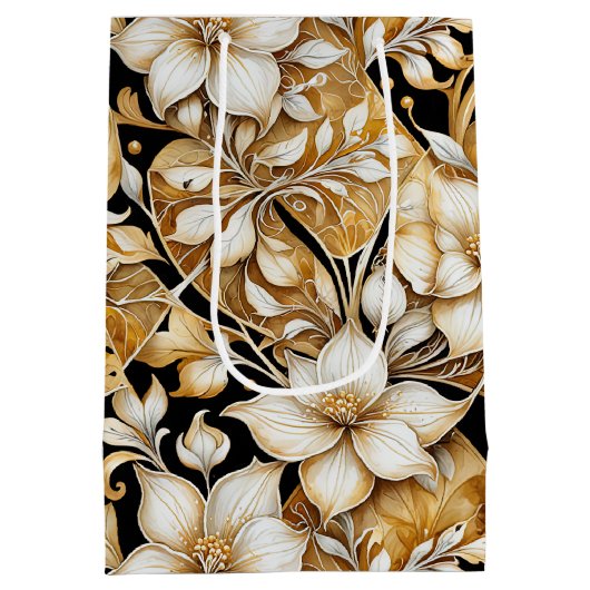 Elegant ivoor en zwart; bloemenpapier medium cadeauzakje (Achterkant)