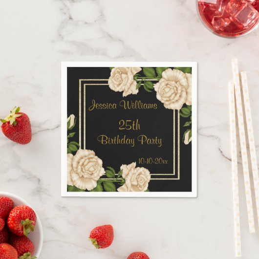 Elegant Ivoor Rozen & Gouden Glitter 25e Verjaarda Servet (Insitu)