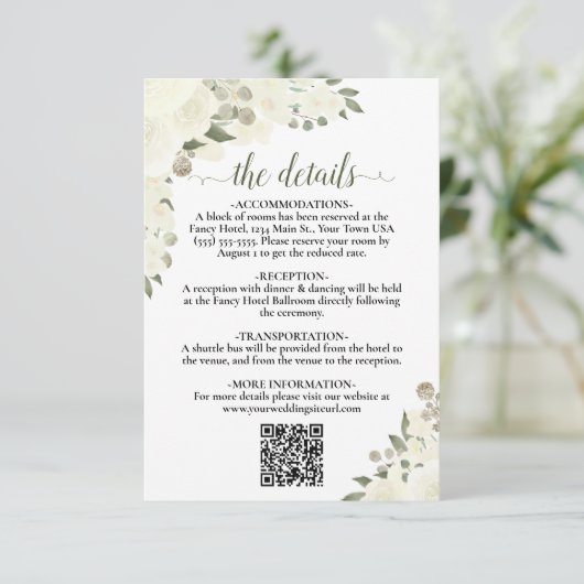 Elegant Ivoor Wit Bloemen Bruiloft Details QR Code Informatiekaartje (Staand voorkant)