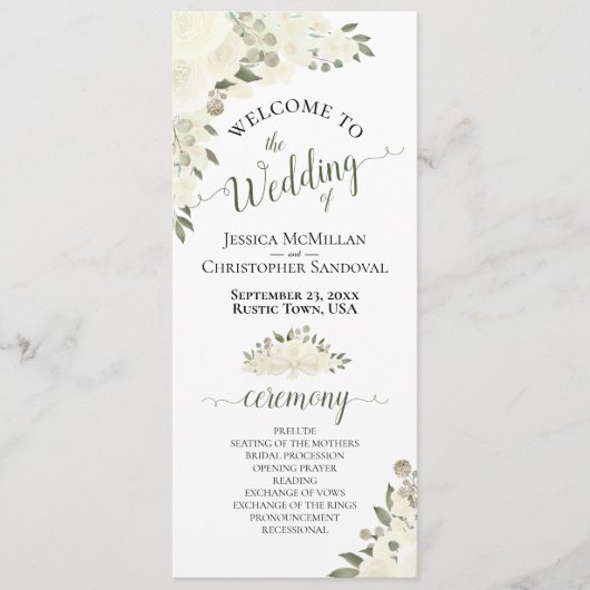 Elegant Ivoor Wit Boho Waterverf Bloemen Bruiloft Programma (Voorkant)