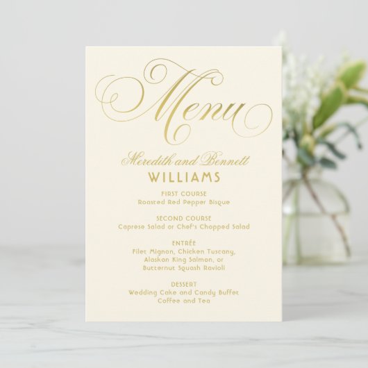 Elegant Ivory and Gold Calligraphy Script Wedding Menu (Staand voorkant)