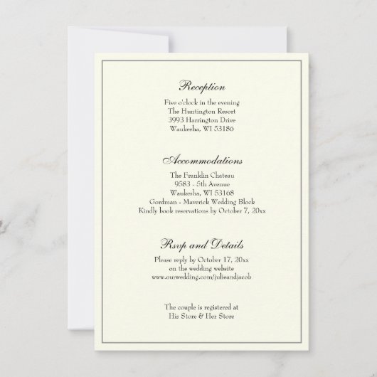 Elegant Ivory Classic Wedding Reception Kaart (Voorkant)