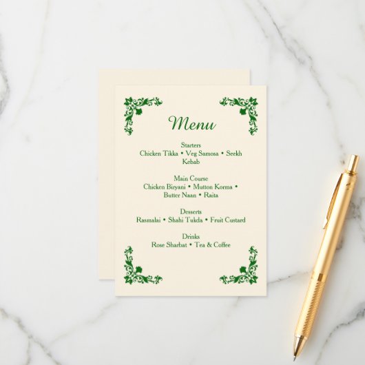 Elegant Ivory & Emerald Floral Wedding Menu (Devant/Arrière en situation)