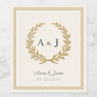 Elegant Ivory Floral Crest Monogram Wedding Wijn Etiket