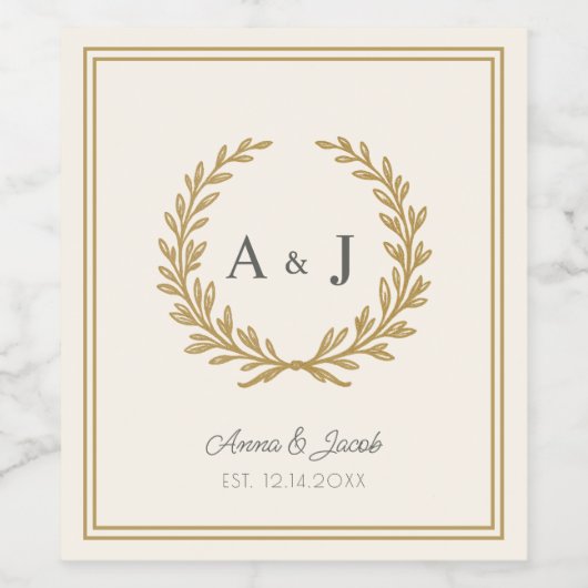 Elegant Ivory Floral Crest Monogram Wedding Wijn Etiket (Enkel label)