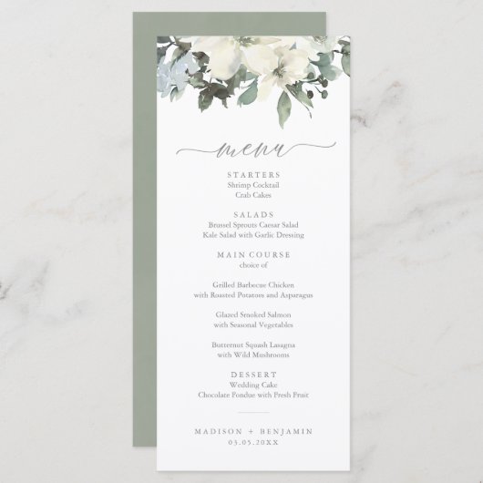 Elegant Ivory Sage Floral Greenery Wedding Menu (Voorkant / Achterkant)