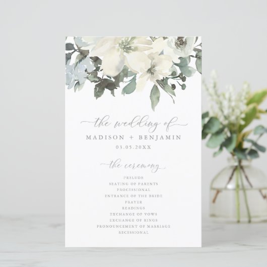 Elegant Ivory Sage Floral Greenery Wedding Program (Staand voorkant)
