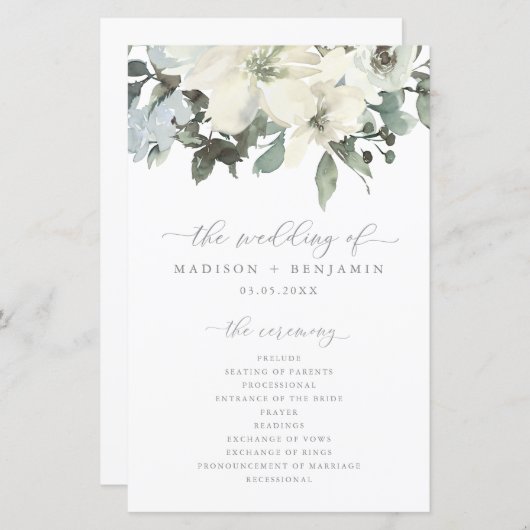 Elegant Ivory Sage Floral Greenery Wedding Program (Voorkant / Achterkant)