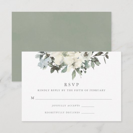Elegant Ivory Sage Floral Greenery Wedding RSVP Kaartje (Voorkant / Achterkant)
