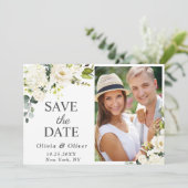 Elegant Ivory White Roses Greenery PHOTO Wedding Save The Date (Staand voorkant)