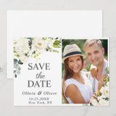 Elegant Ivory White Roses Greenery PHOTO Wedding Save The Date (Voorkant / Achterkant)