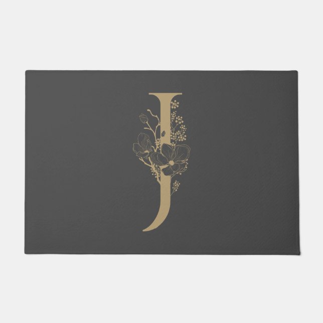 Elegant J Boho Floral Monogram Initiaal Gray Gold Deurmat (Voorkant)