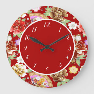 Elegant Japans-Aziatisch kunstwerk Red Floral Fan Grote Klok