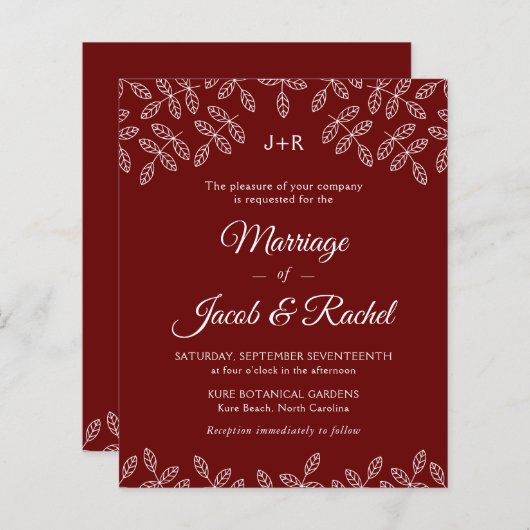 Elégant Jardin Feuille Faire-part de mariage rouge (Devant / Derrière)