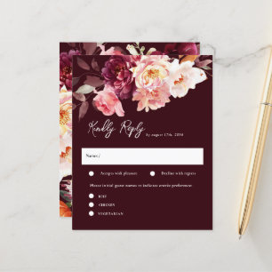 Elégant jardin Floral Bourgogne Mariage RSVP Carte