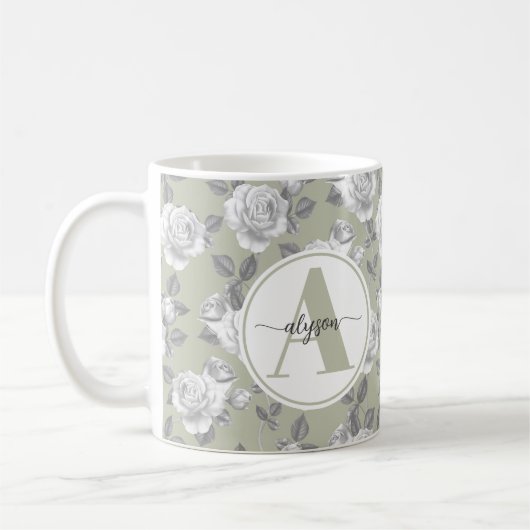 Elégant jardin Rose à Sage Green Monogram Mug (Gauche)