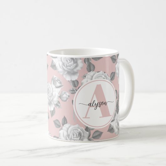 Elégant jardin Rose en Monogramme Rose Mug (Devant droit)
