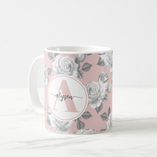 Elégant jardin Rose en Monogramme Rose Mug (Devant gauche)