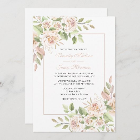 Elégant Jardin Rose rose Faire-part de mariage flo (Devant / Derrière)