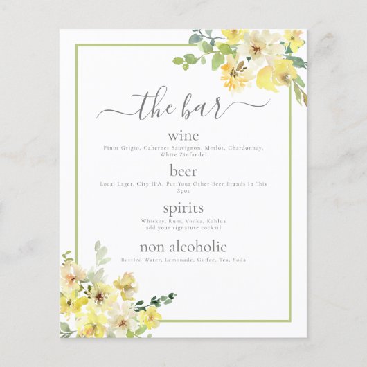 Elégant Jaune Floral Sage Green Mariage Bar Menu (Devant)