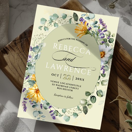 Elégant jaune violet floraux faire-part de mariage