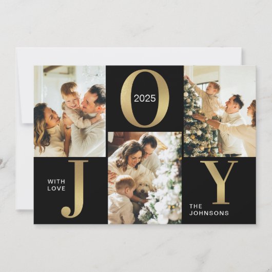 Elegant Joy Zwart Goud Fotocollage Kerstmis Feestdagenkaart (Voorkant)