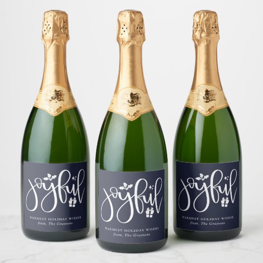 Elegant Joyful Script Navy Blue Vakantie Sparkling Wijnetiket (Flessen)