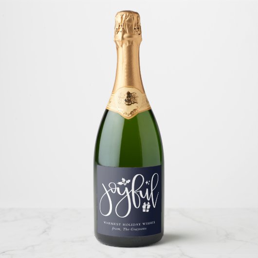 Elegant Joyful Script Navy Blue Vakantie Sparkling Wijnetiket (Voorkant)