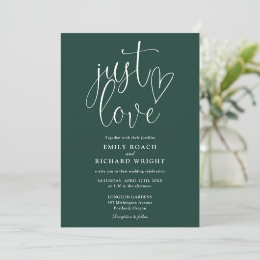 Elegant Just Love Script Emerald Green Wedding Kaart (Staand voorkant)