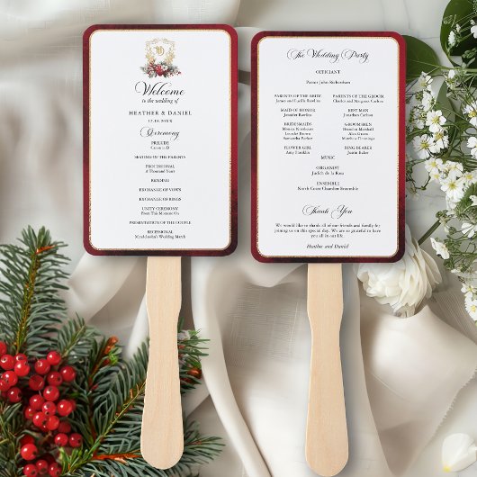 Elegant kalligrafie rood en gouden trouwprogramma handwaaier