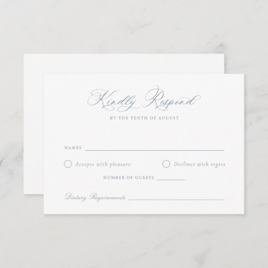 Elegant kalligrafie script blauwe trouw-RSVP kaart (Voorkant / Achterkant)