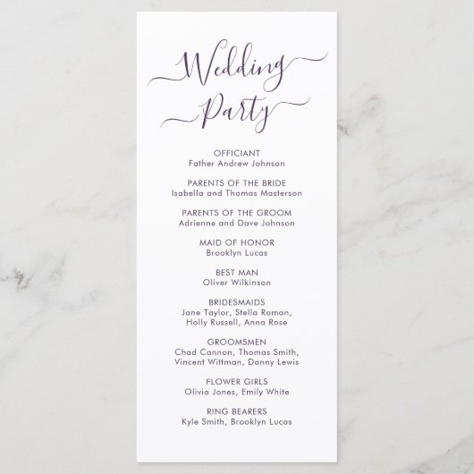 Elegant kalligrafie Script Paarse bruiloft ceremon Programma (Achterkant)