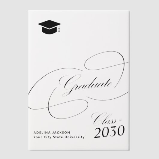 Elegant kalligrafie script zwart pet afstuderen vellum uitnodigingen (Voorkant)