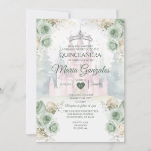 Elegant kasteel Sage Green Princess Quinceañera Kaart