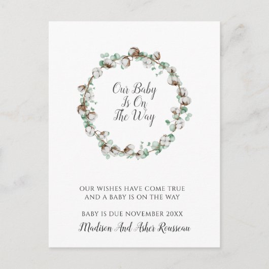 Elegant katoenen groen Lijst Zwangerschap Aankondigingskaart (Voorkant)