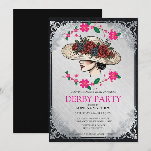 Elegant Kentucky Derby Party Floral Invitation (Devant / Derrière)