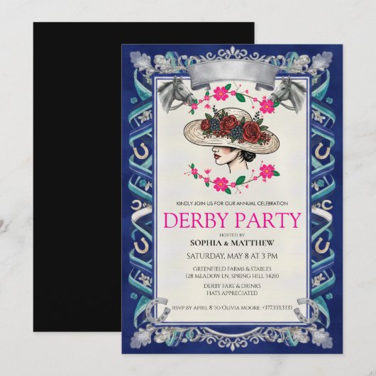 Elegant Kentucky Derby Party Floral Invitation (Devant / Derrière)