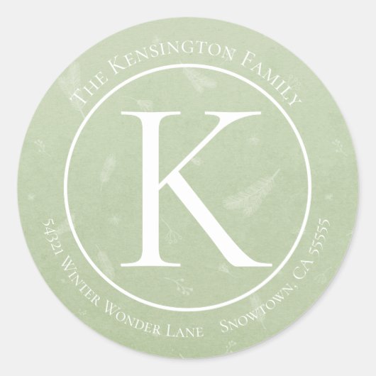 Elegant Kerst Monogram Pine takken Adres Ronde Sticker (Voorkant)
