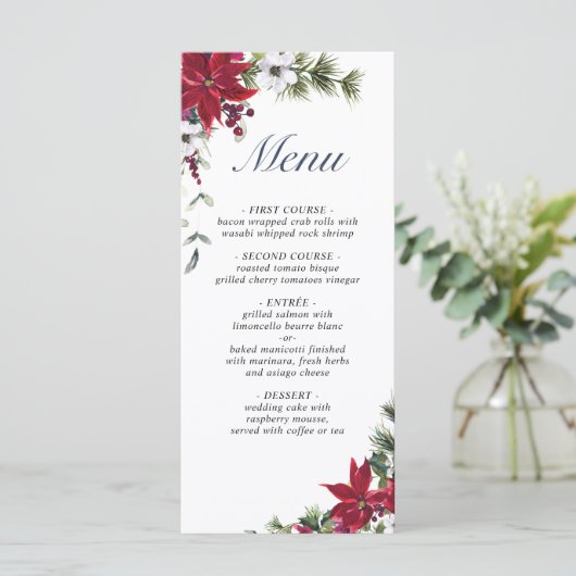 Elegant Kerst Rood Poinsettia Bruiloft Diner Menu (Staand voorkant)
