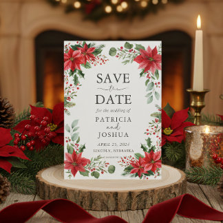 Elegant kerst 'save the date' met poinsettia's save the date