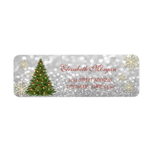 Elegant kerstboom Glittery Snowflakes Label (Voorkant)