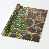 Elegant kerstboomblauw - houten gouddesign cadeaupapier (Uitgerold)