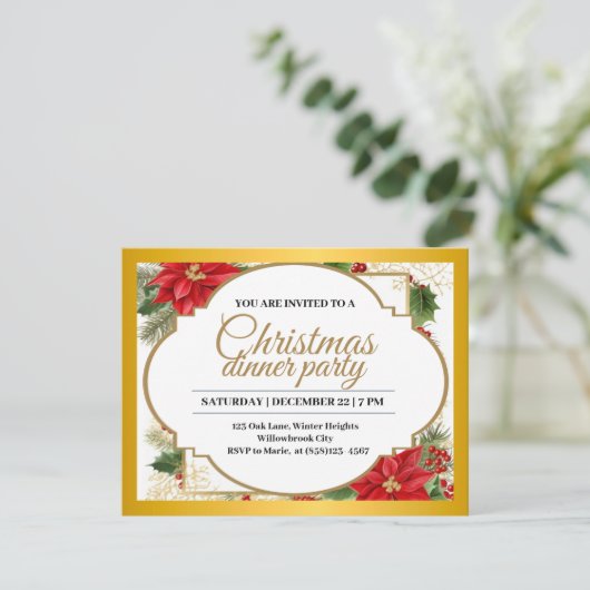 Elegant kerstdiner Party Gold & Poinsettia Kaart (Staand voorkant)
