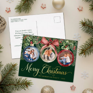 Elegant kerstfamilie Foto's Ornamenten Groen Folie Feestdagen Briefkaart