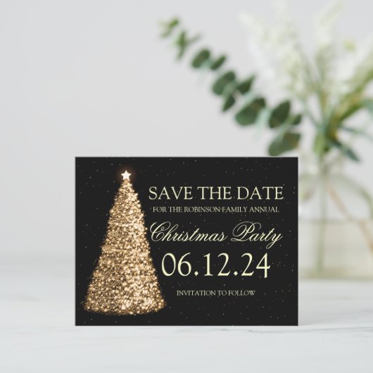 Elegant kerstfeest Bewaar de datum goud zwart Aankondigingskaart (Staand voorkant)