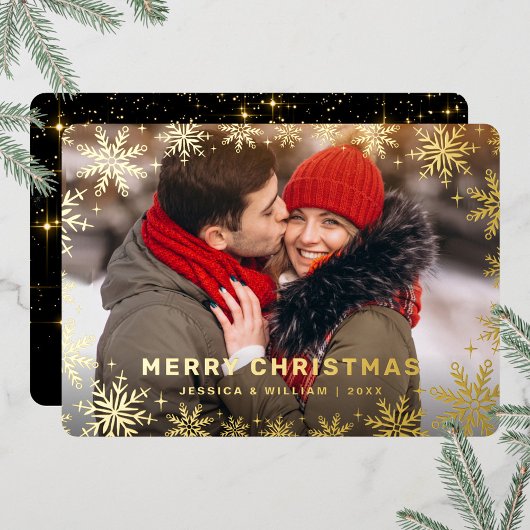 Elegant Kerstfeest Foliage Foto Gold Folie Feestdagenkaart