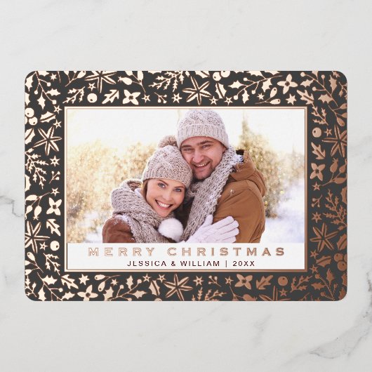 Elegant Kerstfeest Foliage Foto Roos Gold Folie Feestdagenkaart (Voorkant)